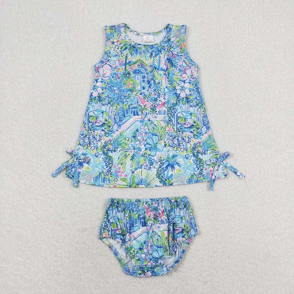 GBO0340--Sleeveless floral blue  bummies girls clothes