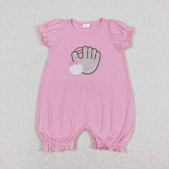 Pink short sleeves embroidery baseball baby girls romper