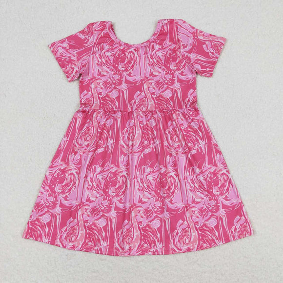 Short sleeves hot pink watercolor flamingo girls summer dress