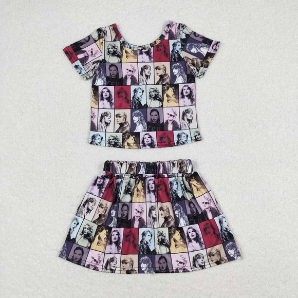 Short sleeves patchwork top skirt singer girls outfits