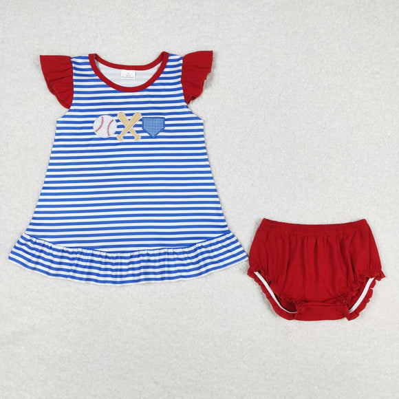 Embroidery Blue stripe baseball tunic bummies baby girls clothes