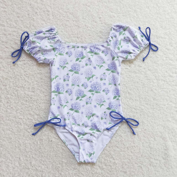Short sleeves lavender floral one piece girls swimsuit