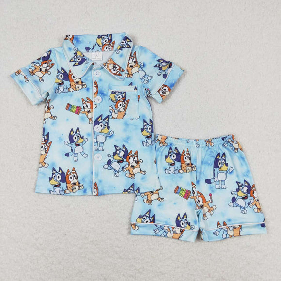 Blue short sleeves dog baby kids summer pajamas