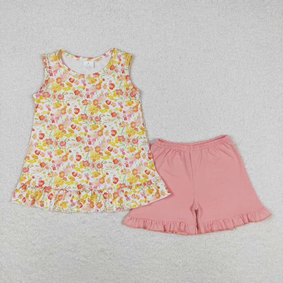 Sleeveless yellow floral ruffle shorts girls clothes