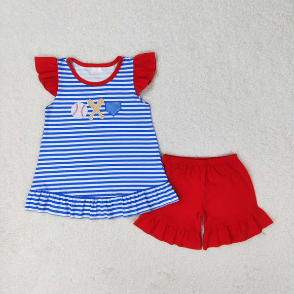Blue stripe embroidery  baseball tunic ruffle shorts girls clothing