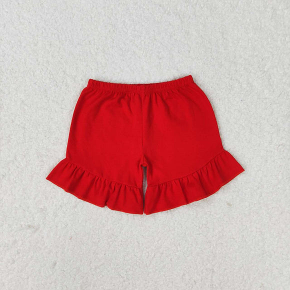 Red cotton one layer ruffle girls summer shorts