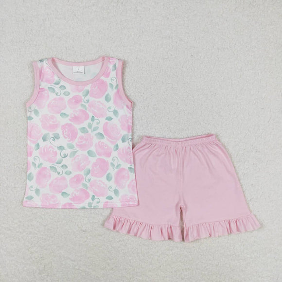 Sleeveless pink floral ruffle shorts girls clothes