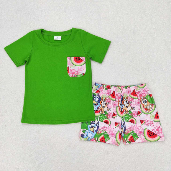 Green pocket top watermelon dog shorts boys clothes