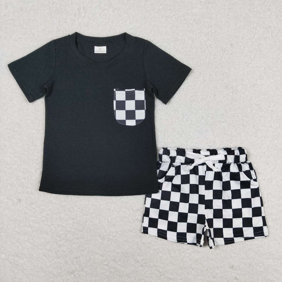 BSSO0852 Short sleeves Black checkerboard shorts boys clothes
