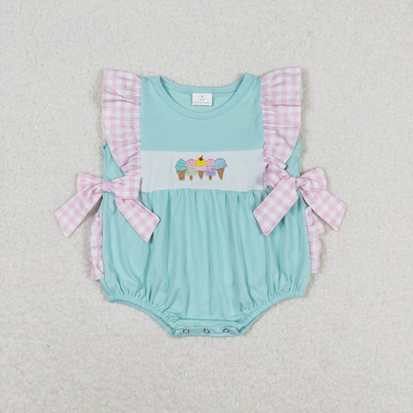 Embroidery Pink plaid ruffle popsicle baby girls summer romper