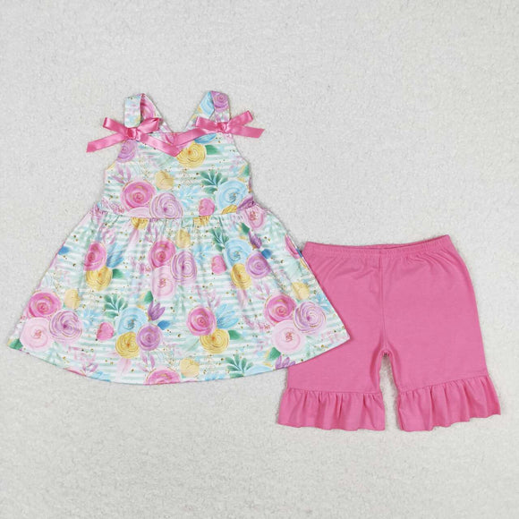 Straps stripe floral tunic ruffle shorts girls clothing set