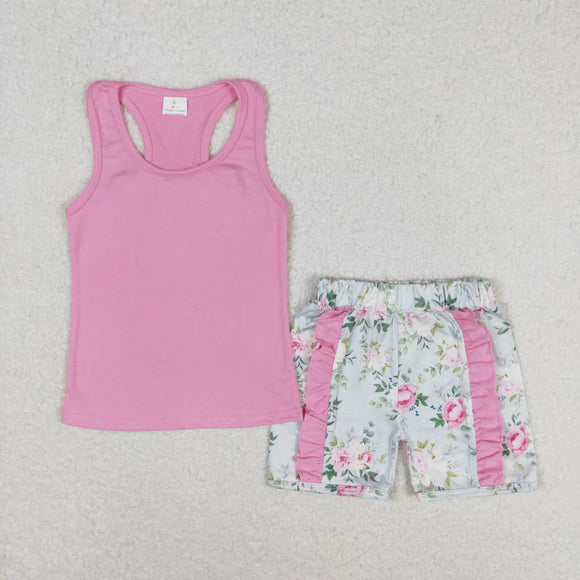 Sleeveless pink top floral ruffle shorts girls summer clothes