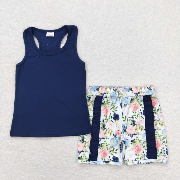 Sleeveless blue top floral ruffle shorts girls summer clothes