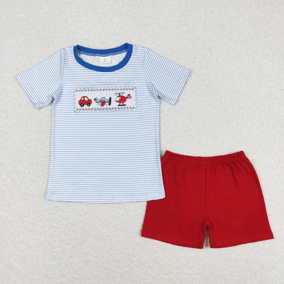 Embroidery Blue stripe transportation shirt red shorts boys clothes