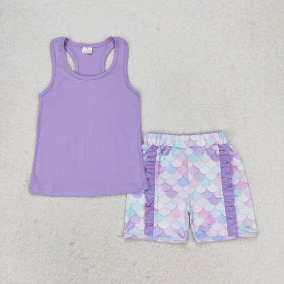 Sleeveless lavender top mermaid scale shorts girls summer clothes