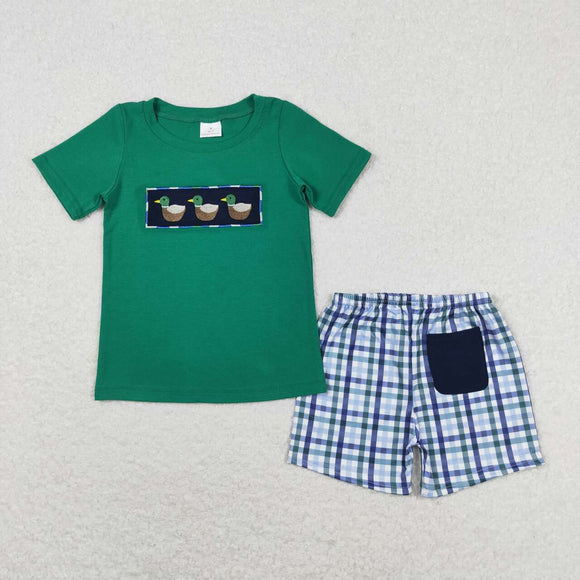 Embroidery Green duck top plaid shorts boys clothing