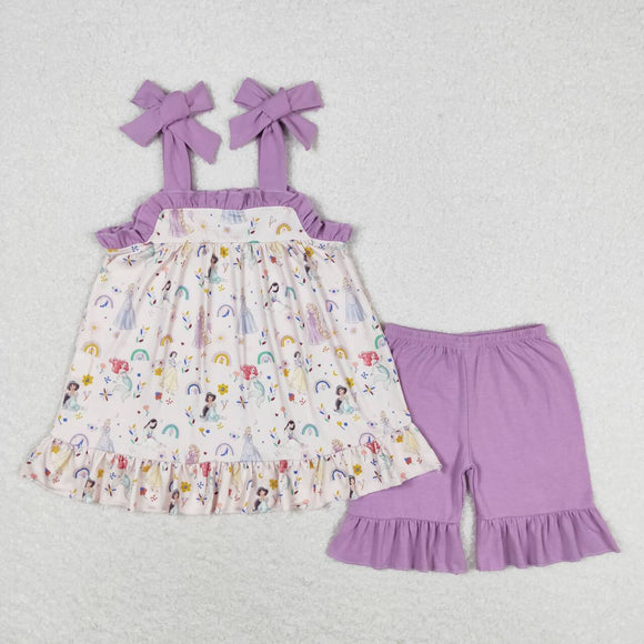 Straps rainbow floral princess tunic shorts girls summer set