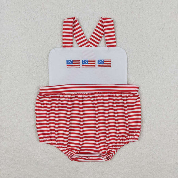Embroidery Suspender stripe flag baby boy 4th of July romper