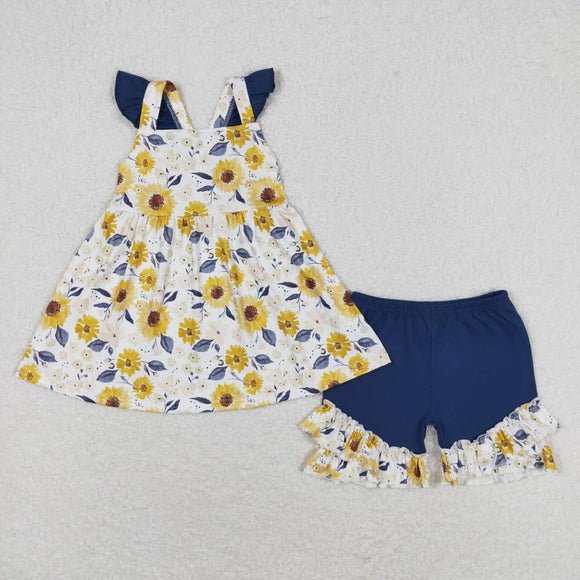 Flutter sleeves sunflower tunic ruffle shorts girls summer set