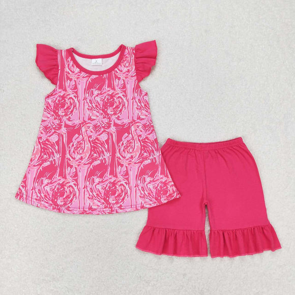 Hot pink watercolor flamingo top ruffle shorts girls clothes