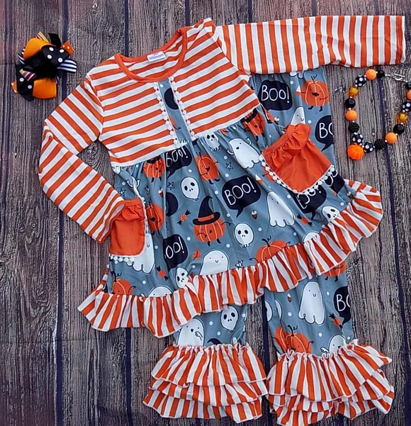 Girls Halloween ghost stripe outfits