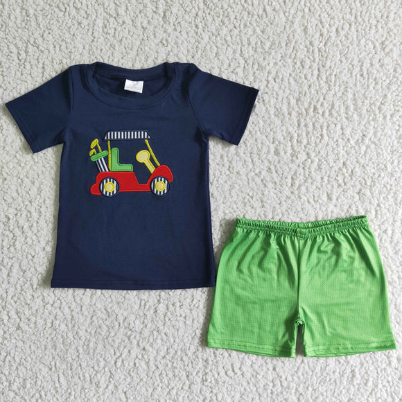 Embroidery boy's car print top +green shorts Summer outfits