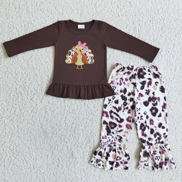 Embroidery Thanksgiving brown top and Turkey pleated pants
