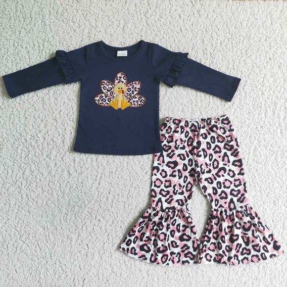 Embroidery Navy blue Turkey top + Leopard bell bottoms suit for girls