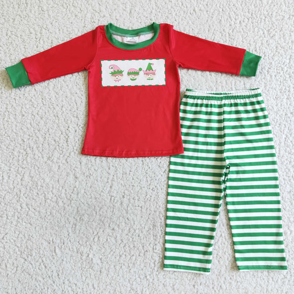 Red top + green striped boy suit