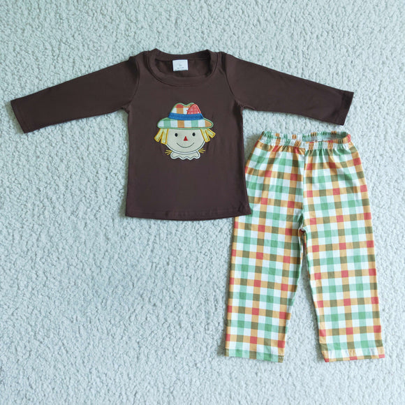 Embroidery boy brown long-sleeved top + orange and green plaid trouser suit