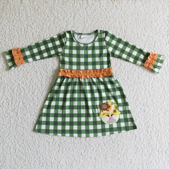 Embroidery Green plaid orange frilly cute girl dress