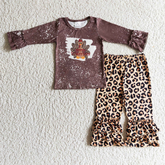 Turkey long-sleeve top and ruffle leopard print pants girls clothing