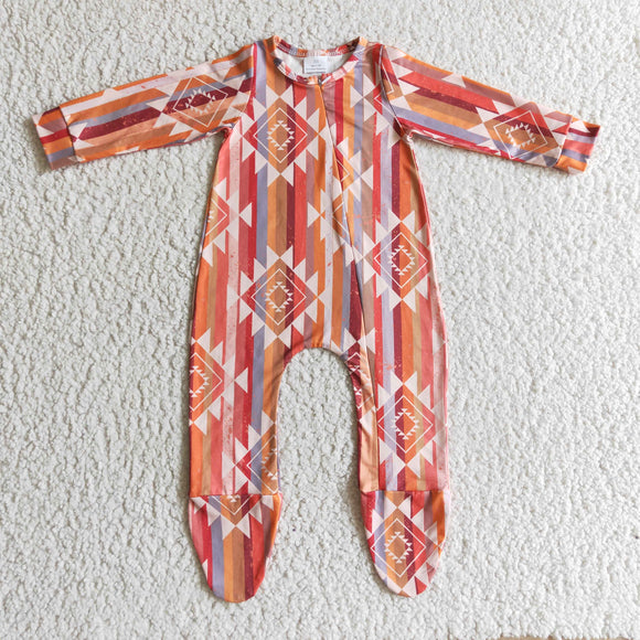 Orange Striped rhomboid geometric pattern zip baby romper
