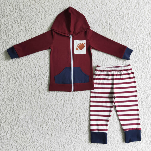football Dark red hoodie striped pants boy outfits