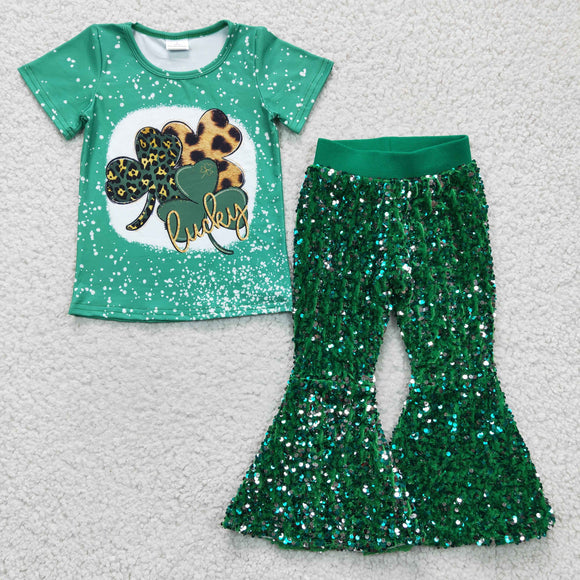 short sleeve lucky top and green sequins pants girls clothing