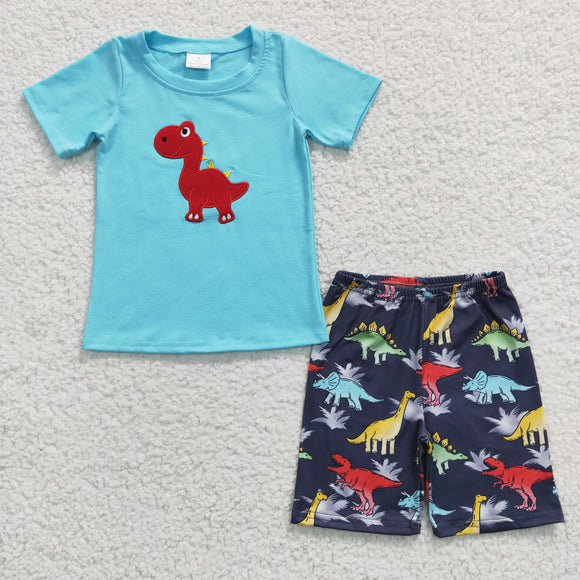 embroidered dinosaur blue boy outfits
