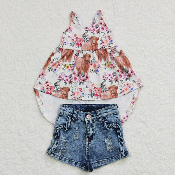 cow top +  Denim shorts outfits