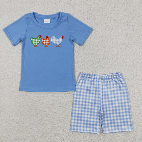 summer embroidered chicken blue boy outfits