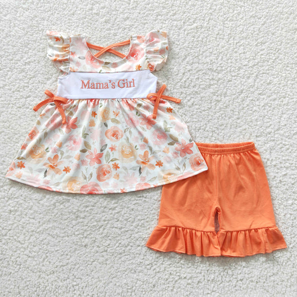 summer embroidered mama's girl orange floral girls outfits