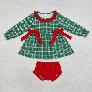 GBO0406 long sleeve Christmas green plaid red bummies baby girls clothing