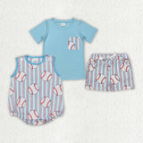 Matching Baby boys baseball blue outfits romper