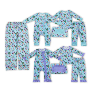 Christmas cartoon dog blue adult and kids pajamas