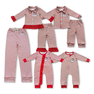 Christmas embroidery Santa red striped adult and kids pajamas