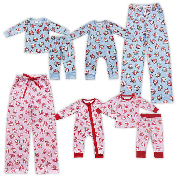 Christmas cake tree blue and pink adult and kids pajamas