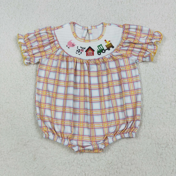 SR2982 Baby girls yellow checkered form romper smocked