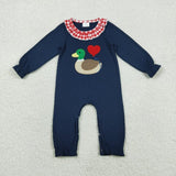 Matching Baby girls boys Valentine's love duck navy red checkered outfits embroidery