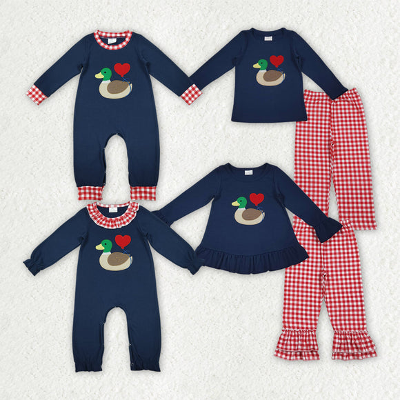 Matching Baby girls boys Valentine's love duck navy red checkered outfits embroidery