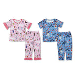 Matching Girls Valentine cartoon blue pink short sleeve pajamas