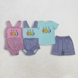 Matching Baby girls boys fish checkered romper outfits embroidery