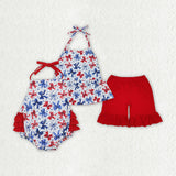 Matching Baby girls July Fourth red bow outfits romper